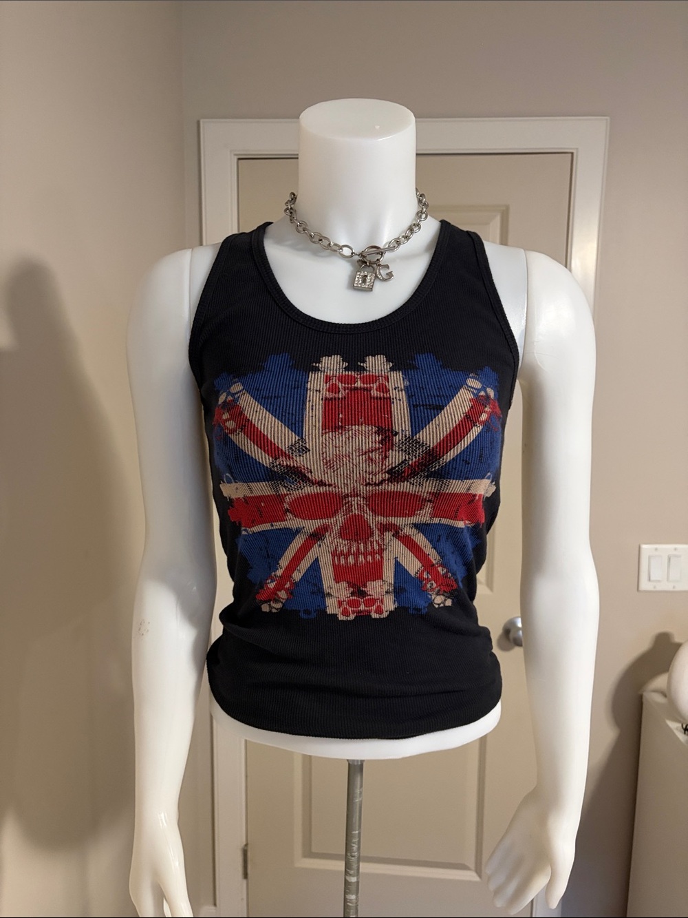 Y2K Grunge Graphic Tank Top with Distressed Union Jack Skull